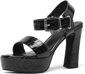 TinaCus Women's Genuine Leather Handmade Buckle Chic High Chunky Heel Sandals with Platform
