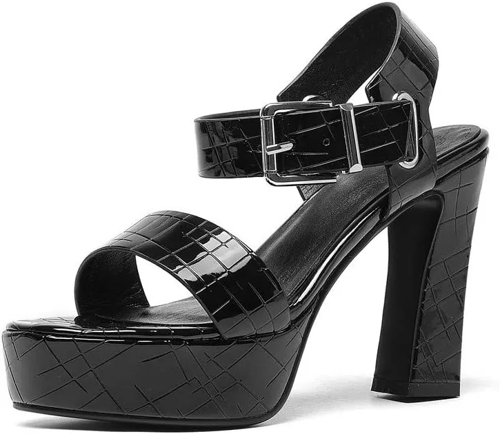 TinaCus Women's Genuine Leather Handmade Buckle Chic High Chunky Heel Sandals with Platform