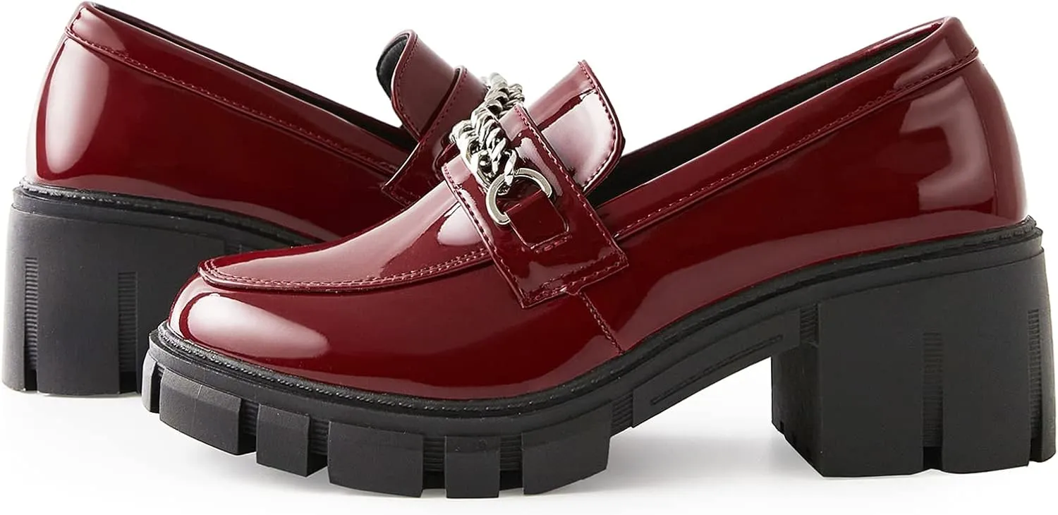 TINSTREE Platform Loafers for Women with Chain Comfort Chunky Heel Slip On Round Toe Business Work Shoes