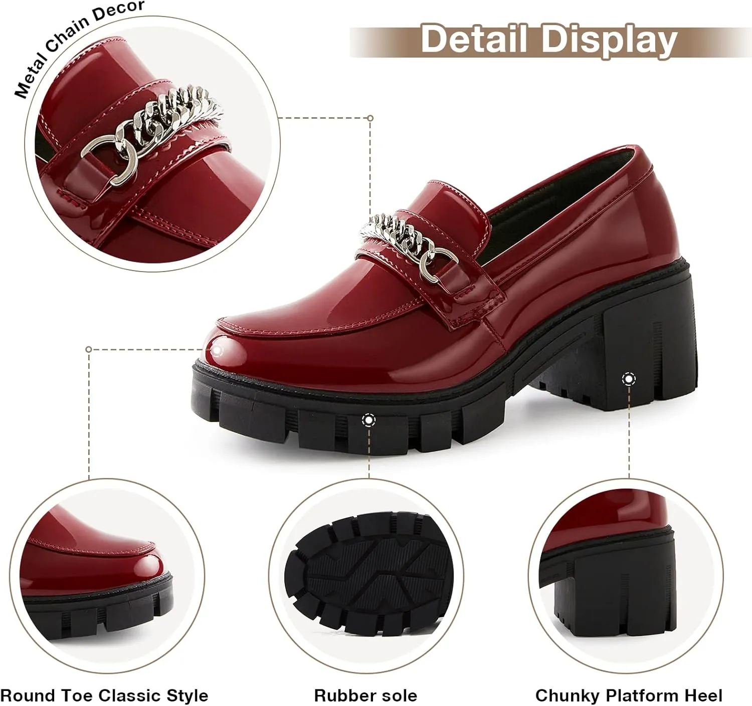 TINSTREE Platform Loafers for Women with Chain Comfort Chunky Heel Slip On Round Toe Business Work Shoes