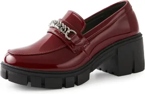 TINSTREE Platform Loafers for Women with Chain Comfort Chunky Heel Slip On Round Toe Business Work Shoes