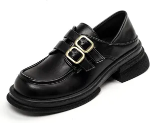 TNXZ Girl Platform Loafer Soft Leather Slip-ons Square Toe Chunky Loafer Shoes Penny Casual Fashion Uniform Leather Shoes