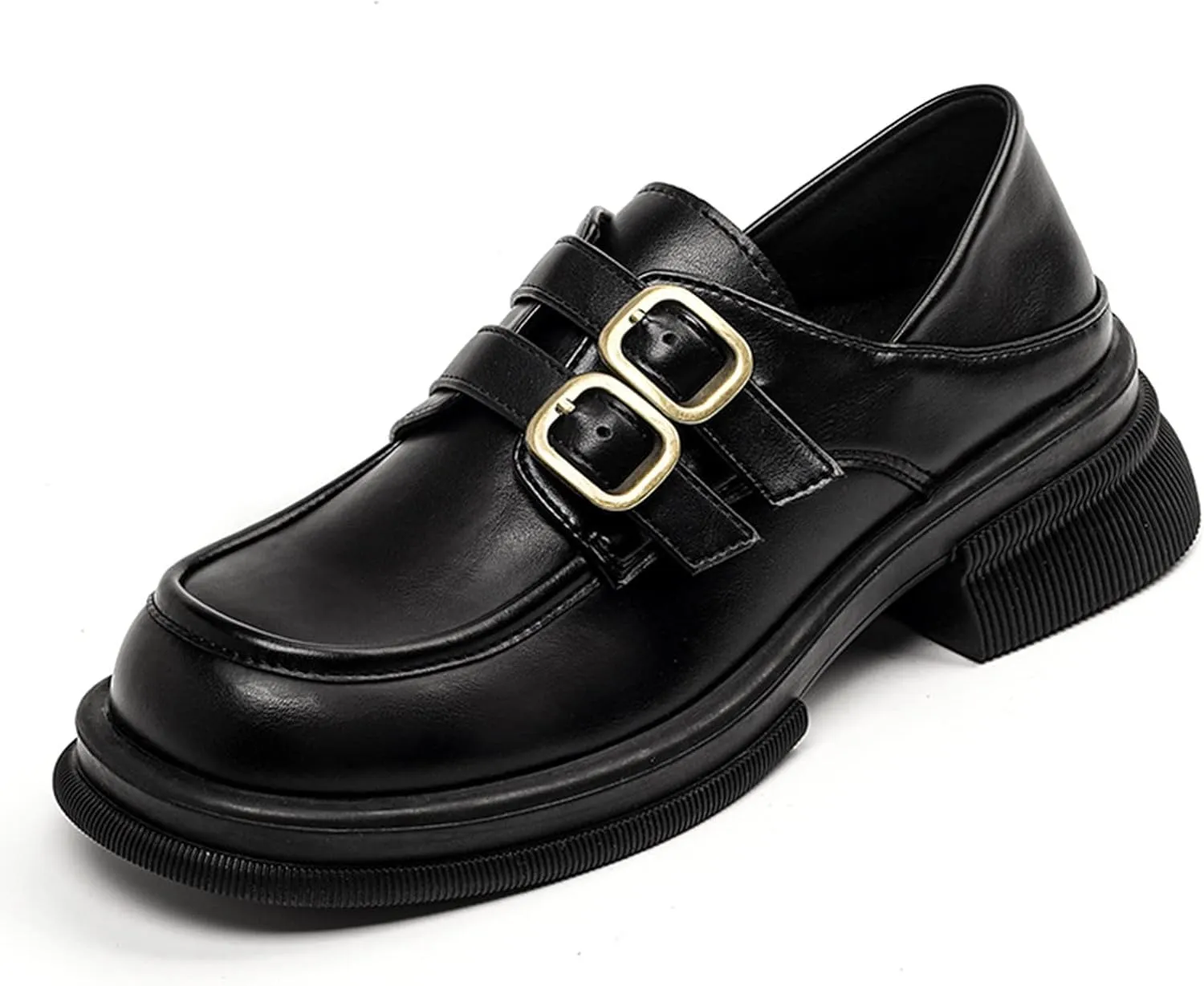 TNXZ Girl Platform Loafer Soft Leather Slip-ons Square Toe Chunky Loafer Shoes Penny Casual Fashion Uniform Leather Shoes