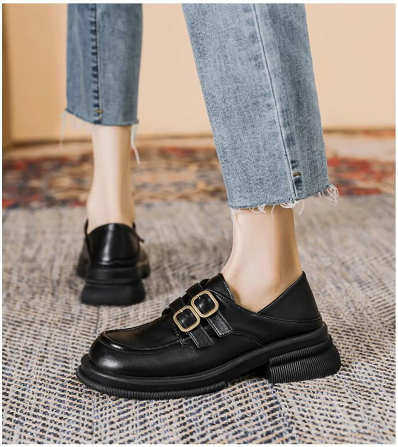 TNXZ Girl Platform Loafer Soft Leather Slip-ons Square Toe Chunky Loafer Shoes Penny Casual Fashion Uniform Leather Shoes