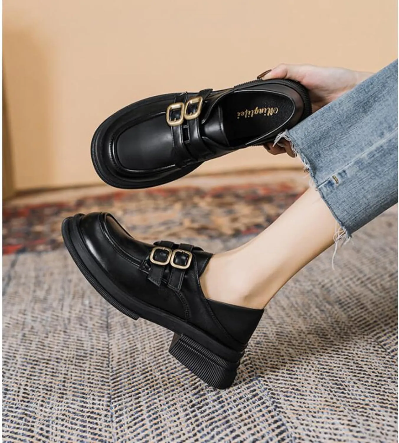 TNXZ Girl Platform Loafer Soft Leather Slip-ons Square Toe Chunky Loafer Shoes Penny Casual Fashion Uniform Leather Shoes