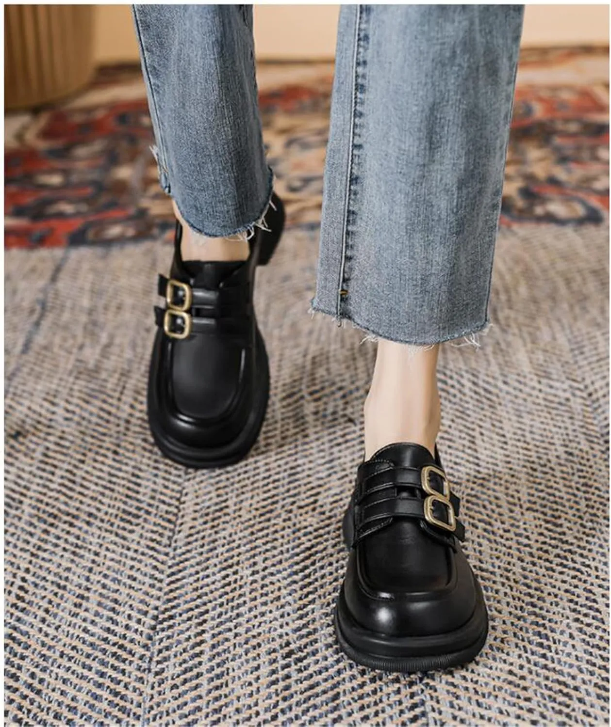 TNXZ Girl Platform Loafer Soft Leather Slip-ons Square Toe Chunky Loafer Shoes Penny Casual Fashion Uniform Leather Shoes