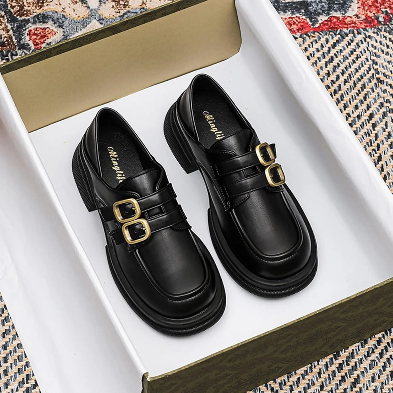 TNXZ Girl Platform Loafer Soft Leather Slip-ons Square Toe Chunky Loafer Shoes Penny Casual Fashion Uniform Leather Shoes