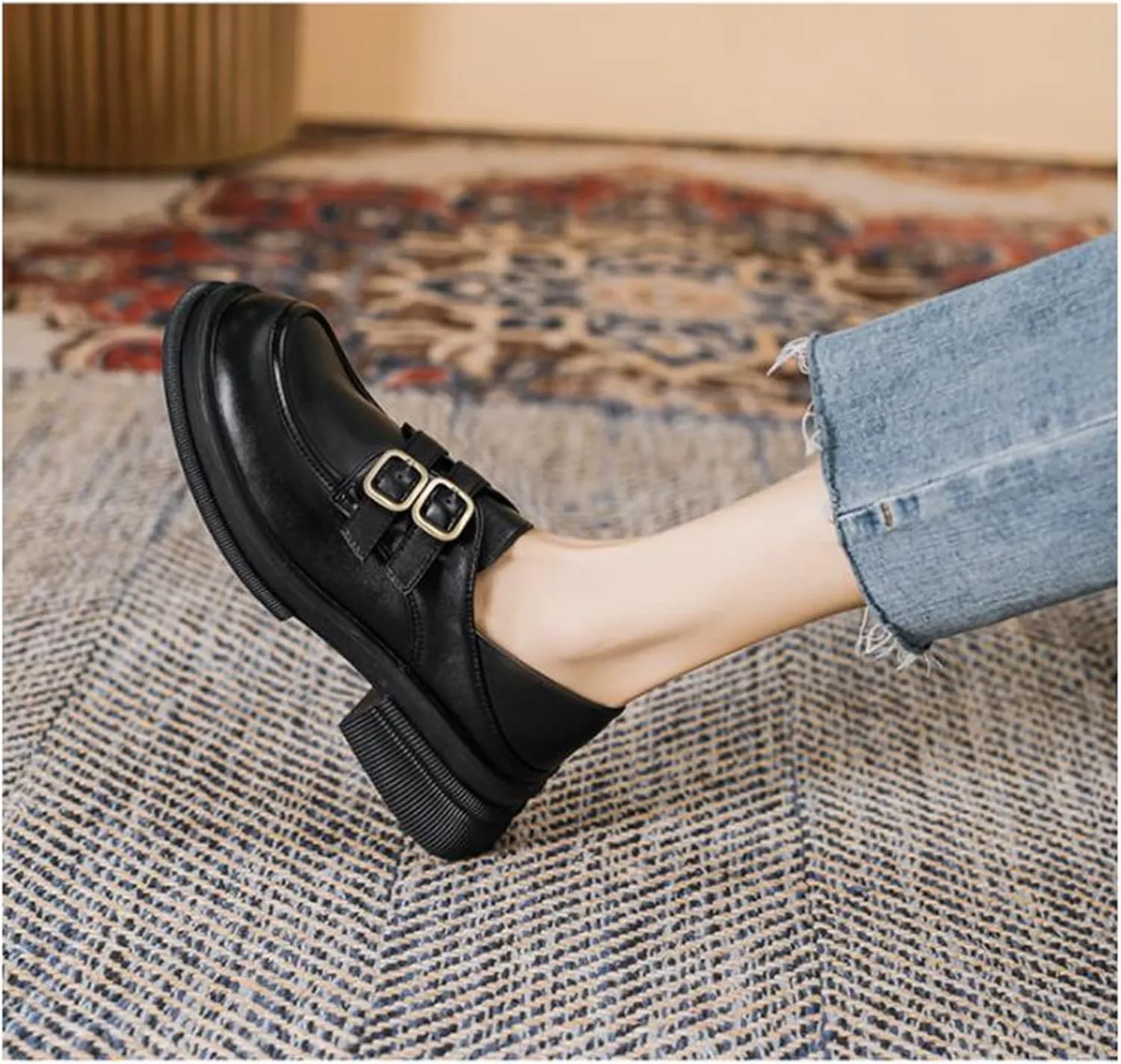 TNXZ Girl Platform Loafer Soft Leather Slip-ons Square Toe Chunky Loafer Shoes Penny Casual Fashion Uniform Leather Shoes