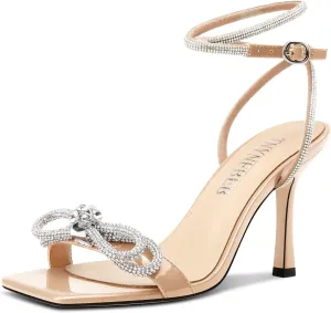 TNYNFBEB Womens Stiletto High Heel Open Square Toe Sandals Ankle Strap Two-Piece Buckle Rhinestone Crystal Bow-knot Prom Dress Summer 3.5 Inches Heels