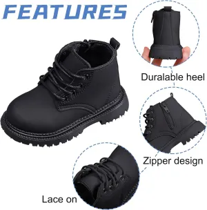 Toddler Baby Boys Girls Hiking Boots Solid Color Leather Kids Work Combat Lace-Up Soft Flat Ankle Snow Boots