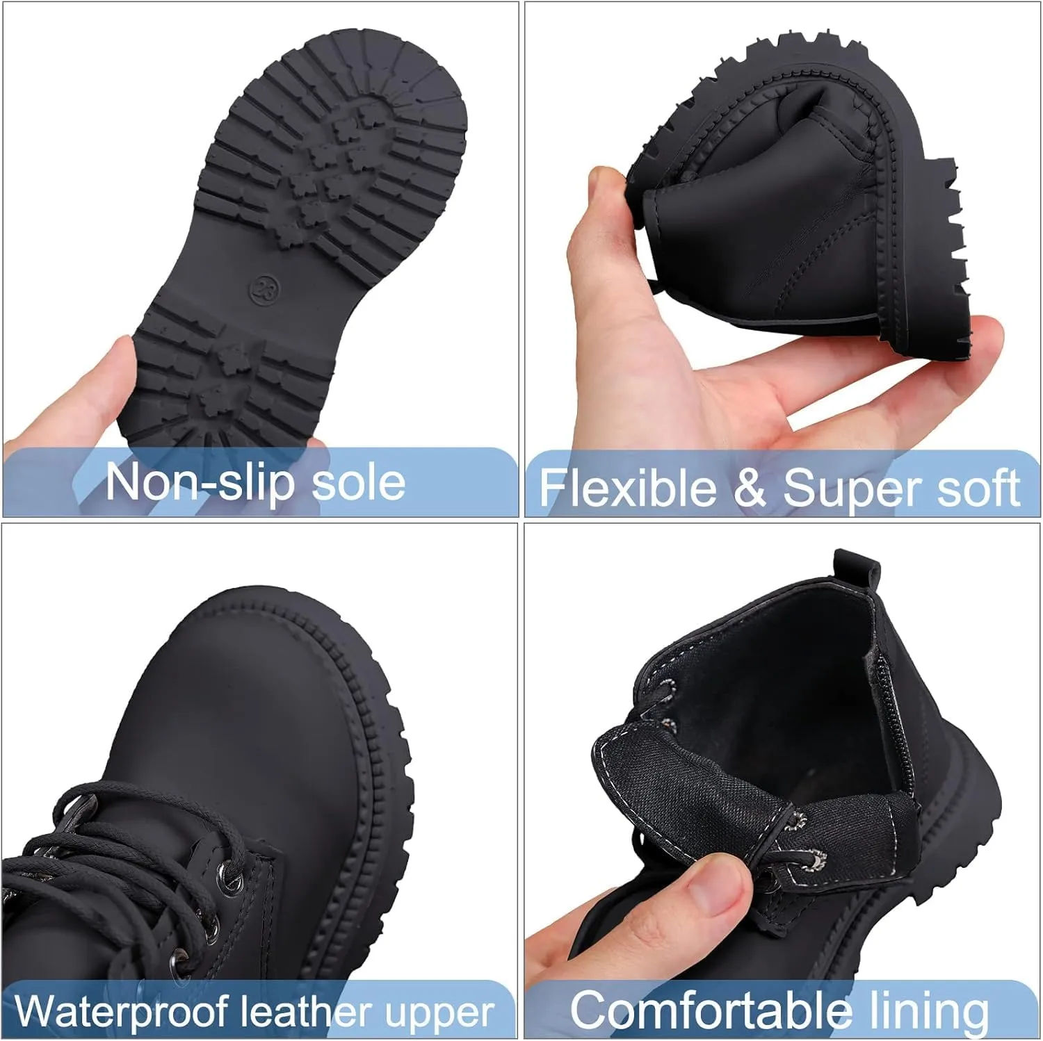 Toddler Baby Boys Girls Hiking Boots Solid Color Leather Kids Work Combat Lace-Up Soft Flat Ankle Snow Boots