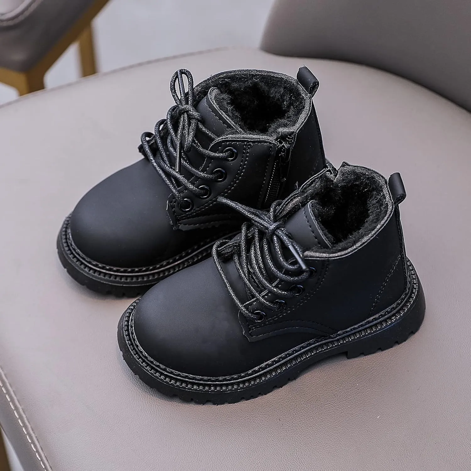 Toddler Baby Boys Girls Hiking Boots Solid Color Leather Kids Work Combat Lace-Up Soft Flat Ankle Snow Boots