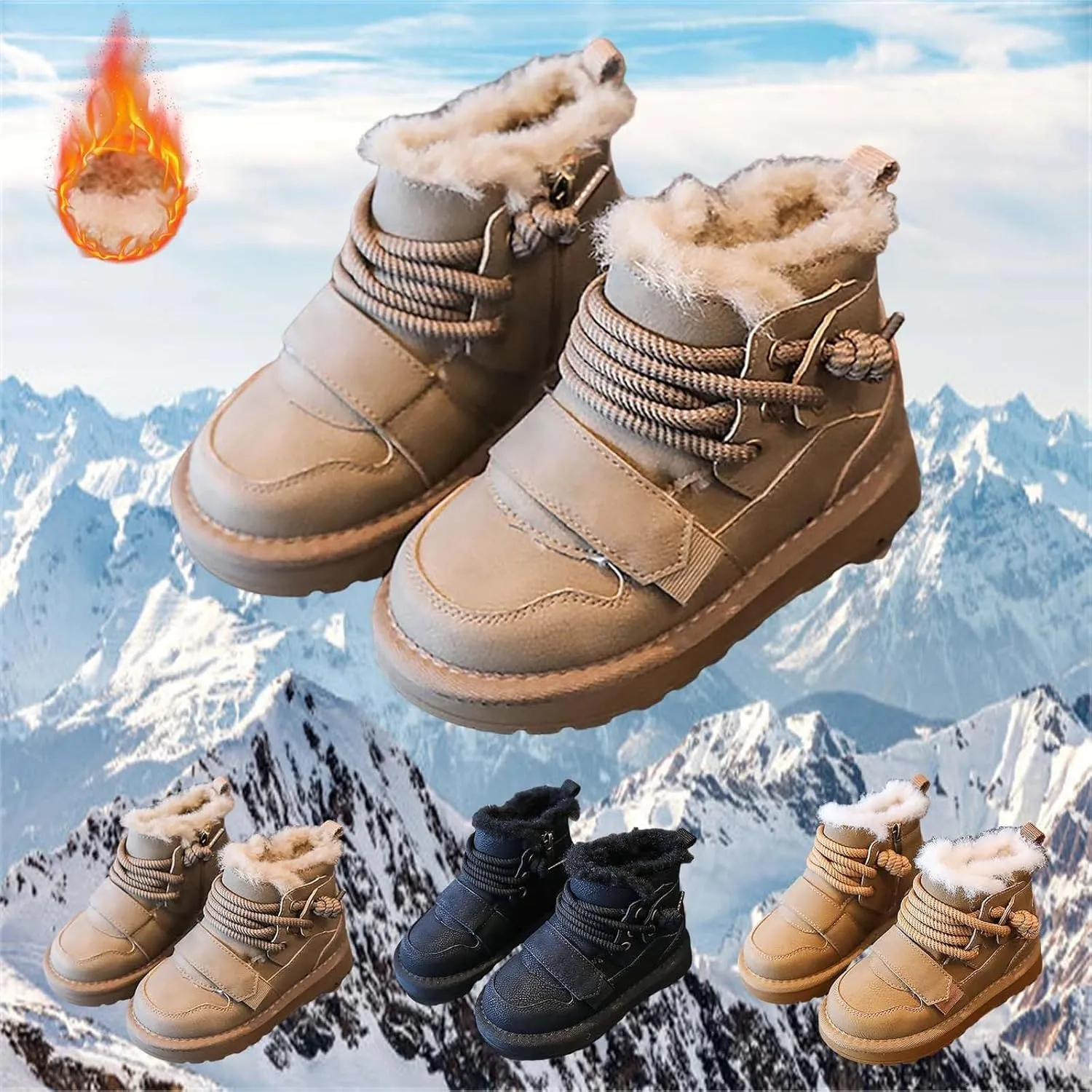 Toddler Fuzzy Leather Snow Booties Baby Boys Infant Open Toe Fashion Warm Shoes Outdoor Ski Lace-Up Non Slip Walking