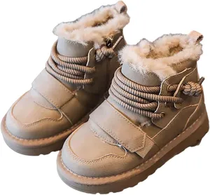 Toddler Fuzzy Leather Snow Booties Baby Boys Infant Open Toe Fashion Warm Shoes Outdoor Ski Lace-Up Non Slip Walking