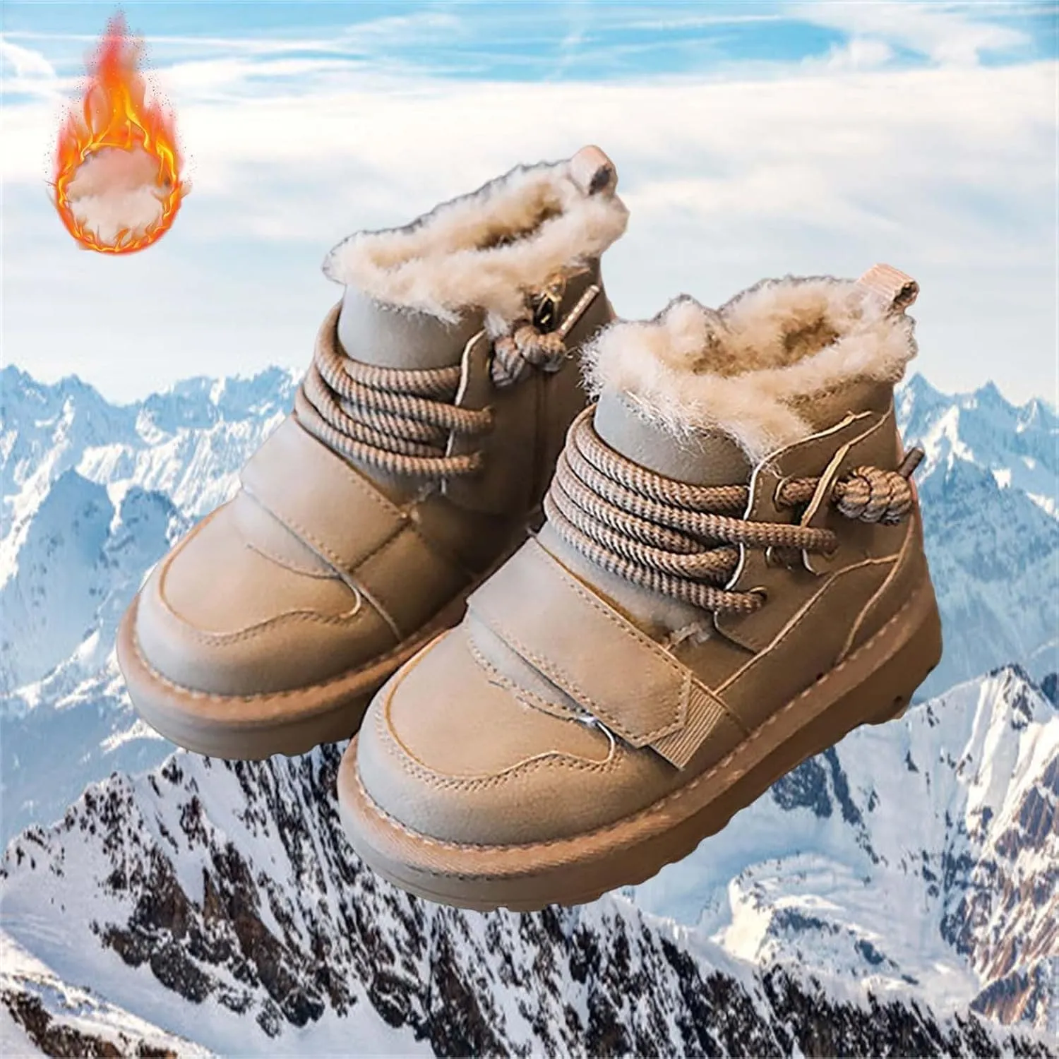 Toddler Fuzzy Leather Snow Booties Baby Boys Infant Open Toe Fashion Warm Shoes Outdoor Ski Lace-Up Non Slip Walking