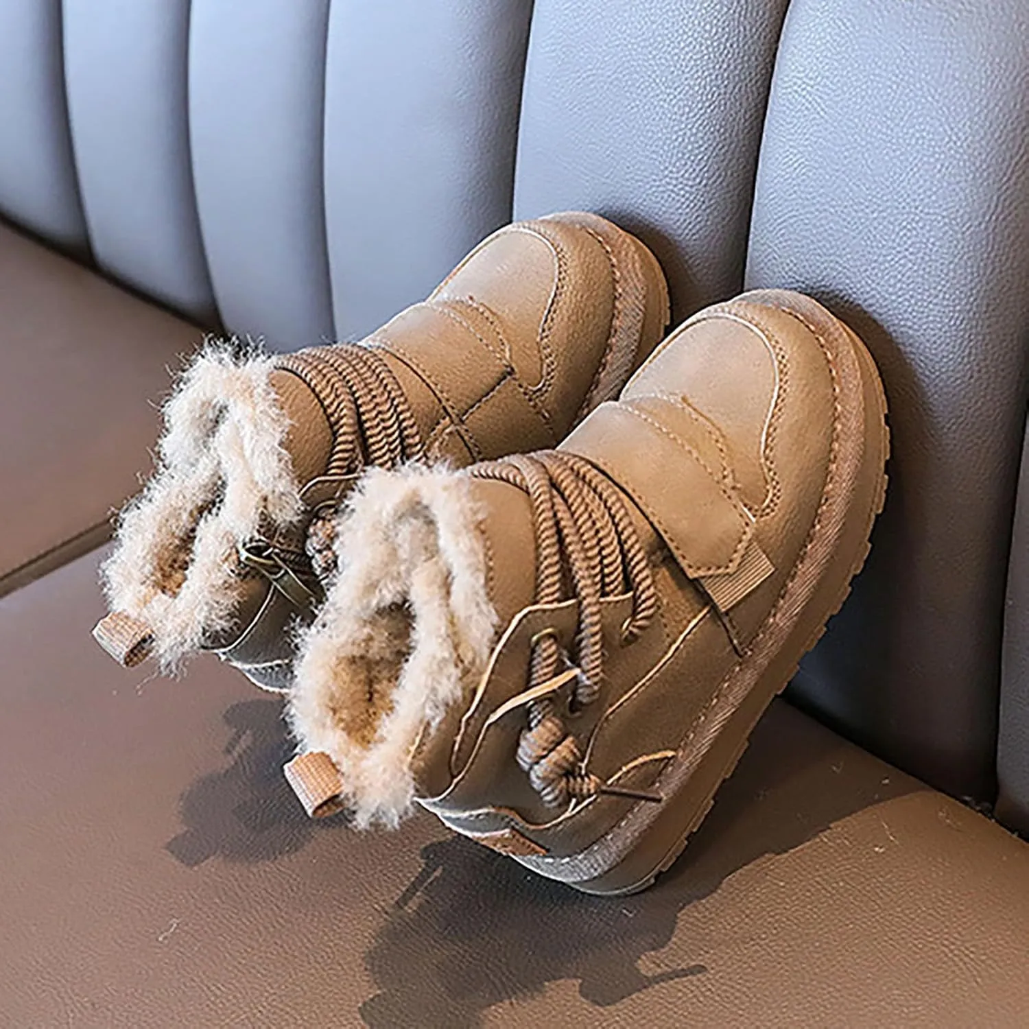 Toddler Fuzzy Leather Snow Booties Baby Boys Infant Open Toe Fashion Warm Shoes Outdoor Ski Lace-Up Non Slip Walking