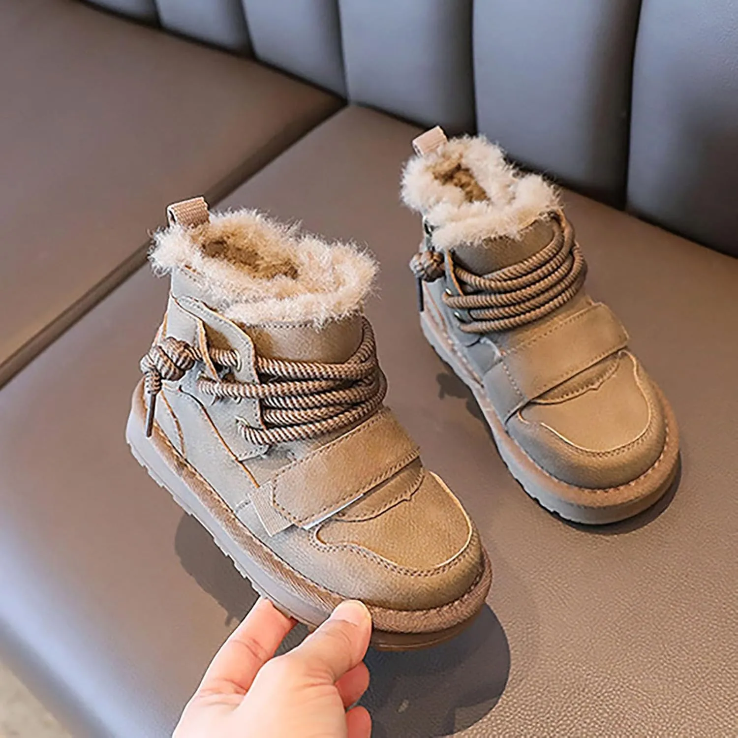 Toddler Fuzzy Leather Snow Booties Baby Boys Infant Open Toe Fashion Warm Shoes Outdoor Ski Lace-Up Non Slip Walking