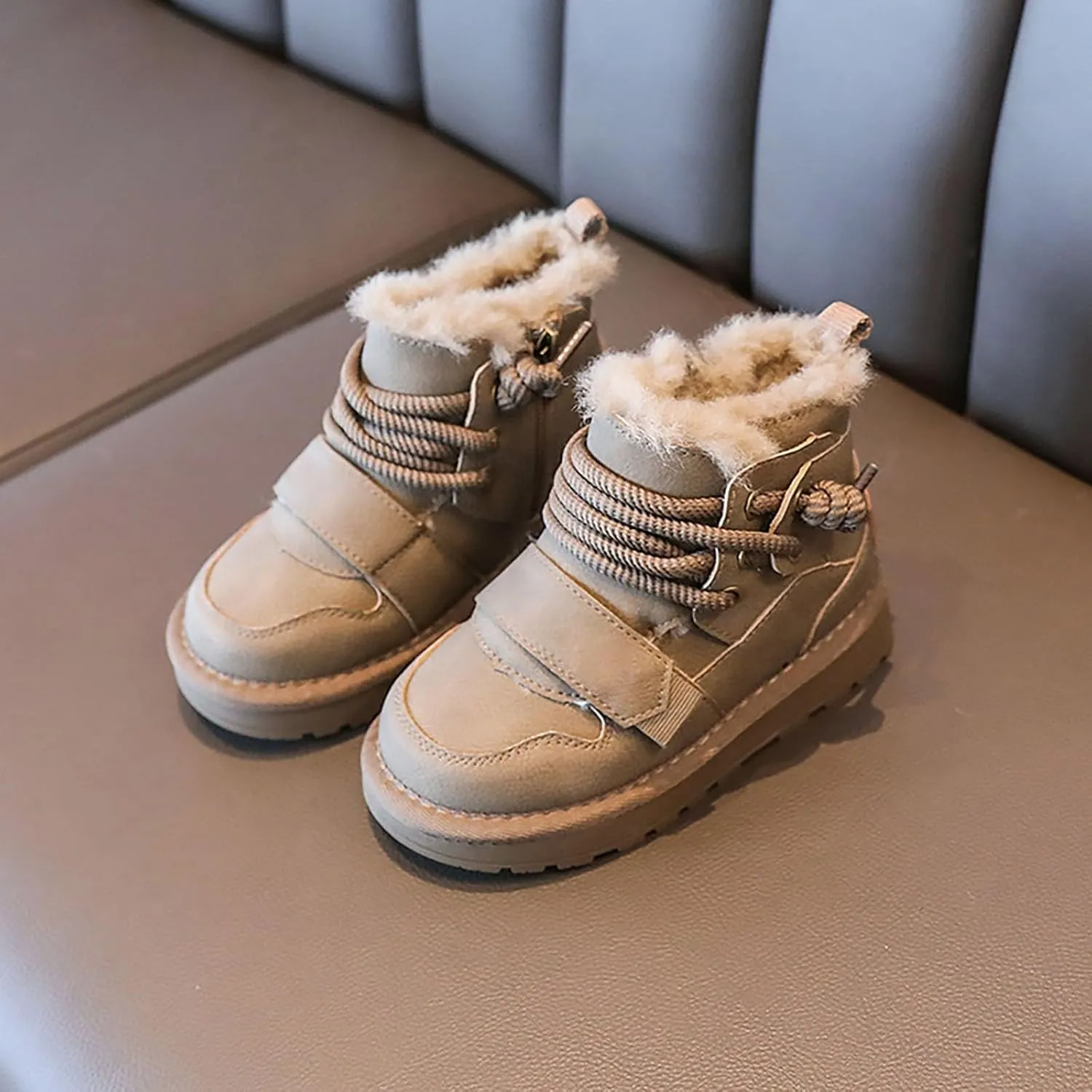 Toddler Fuzzy Leather Snow Booties Baby Boys Infant Open Toe Fashion Warm Shoes Outdoor Ski Lace-Up Non Slip Walking