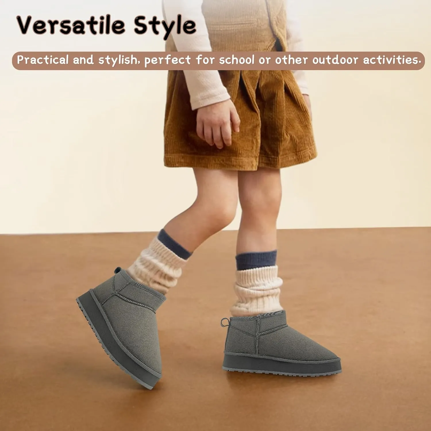 Toddler Girls Classic Ultra Mini Platform Boots, Anti-Slip Lightweight Fall Winter Ankle Snow Kids Boots Warm Faux-Fur Lined Indoor Outdoor