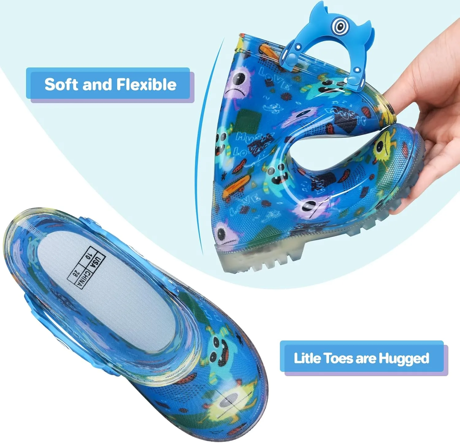Toddler rain boots, children's rain boots, waterproof rubber boots for girls and boys with fun patterns and easy to put on handles