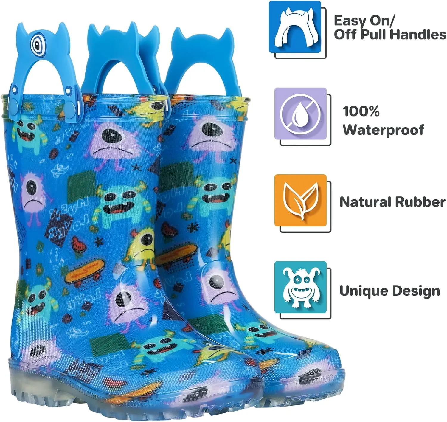 Toddler rain boots, children's rain boots, waterproof rubber boots for girls and boys with fun patterns and easy to put on handles