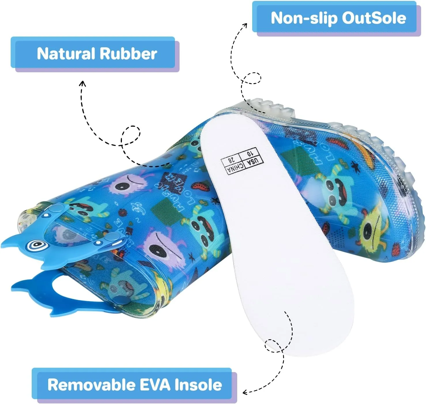 Toddler rain boots, children's rain boots, waterproof rubber boots for girls and boys with fun patterns and easy to put on handles