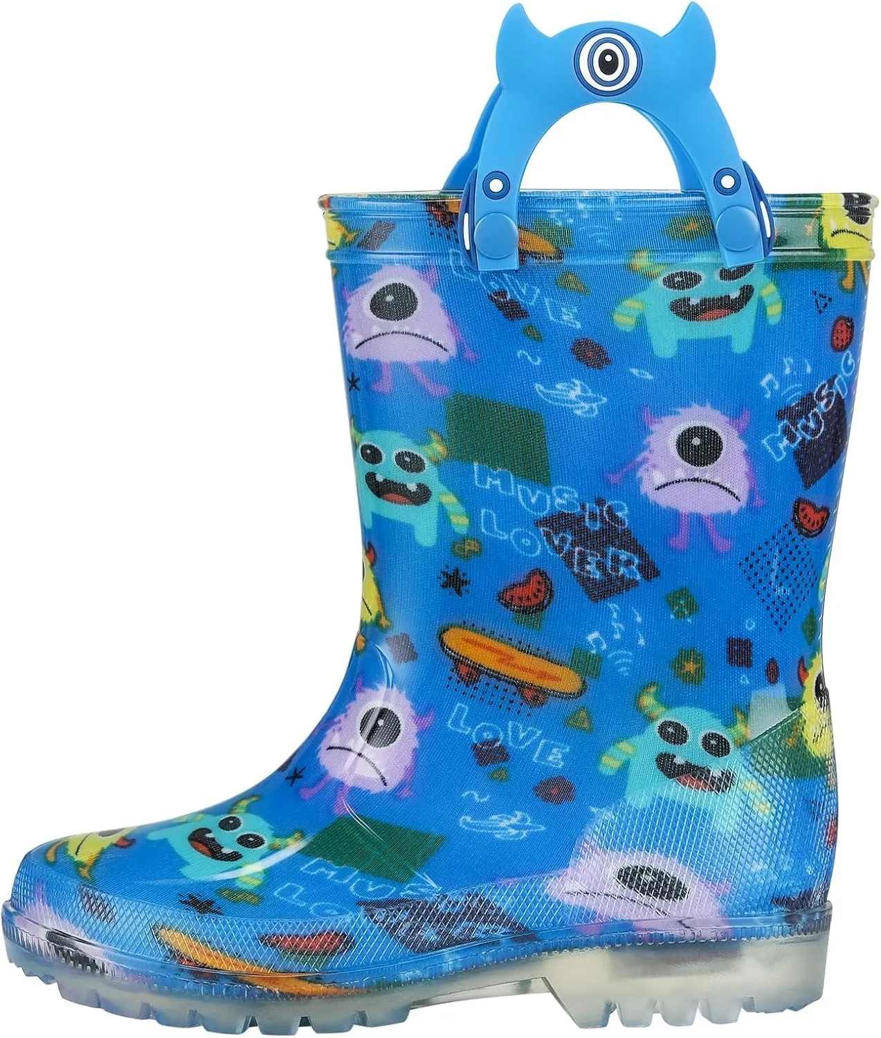 Toddler rain boots, children's rain boots, waterproof rubber boots for girls and boys with fun patterns and easy to put on handles