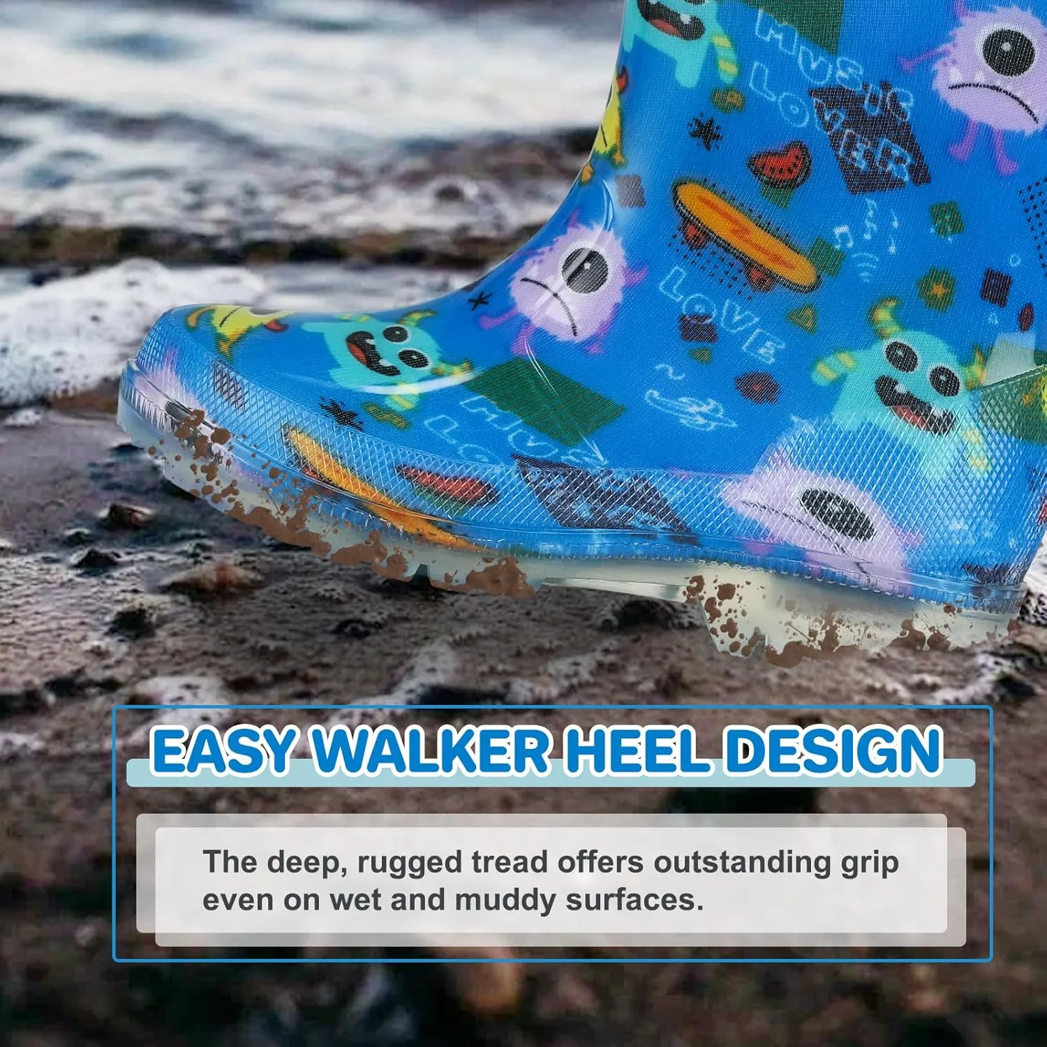 Toddler rain boots, children's rain boots, waterproof rubber boots for girls and boys with fun patterns and easy to put on handles