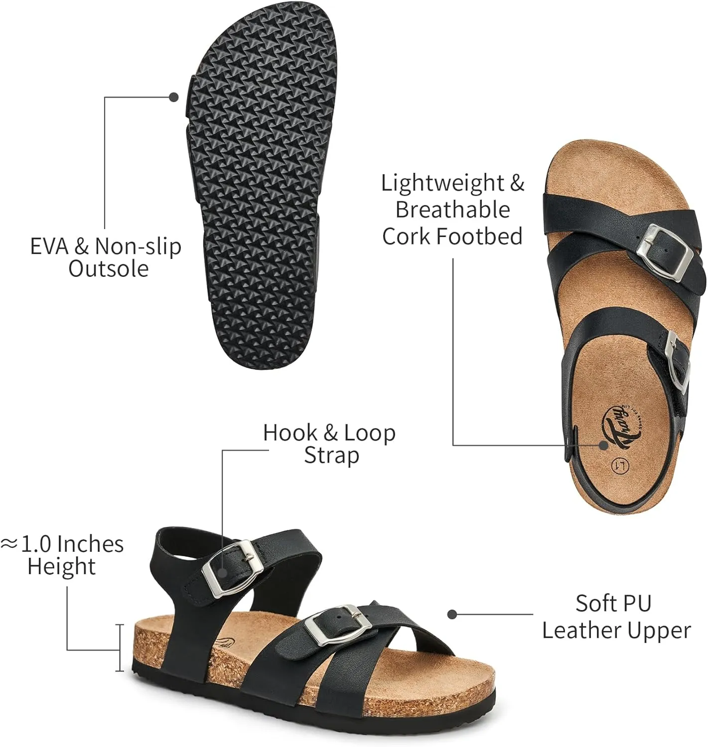 Trary Girls Sandals Open Toe Casual Summer Shoes with Cork Footbed Comfortable Flat Sandals for Little Kids