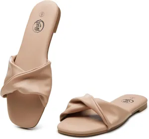 Trary Sandals Women Summer Sandals for Women 2025 Dressy Flat Comfortable Fashion Beach Cute Ladies Slides Nude Size 7.5