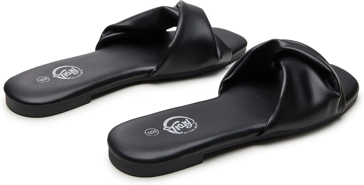 Trary Sandals Women,Leather Slides Women Comfortable Memory Foam Sandals for Women Footwear,Fashion Flat Summer Sandals for Women 2025