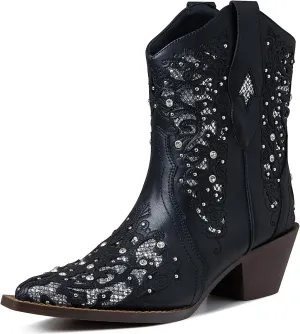 Tscoyuki Inlay Glitter Western Cowboy Boots for Women Sparkly Rhinestone Cowgirl Boots Embroidery Pointed Toe Bridal Wedding Booties