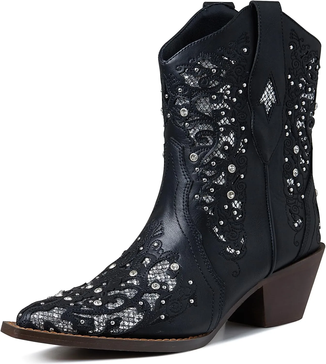 Tscoyuki Inlay Glitter Western Cowboy Boots for Women Sparkly Rhinestone Cowgirl Boots Embroidery Pointed Toe Bridal Wedding Booties