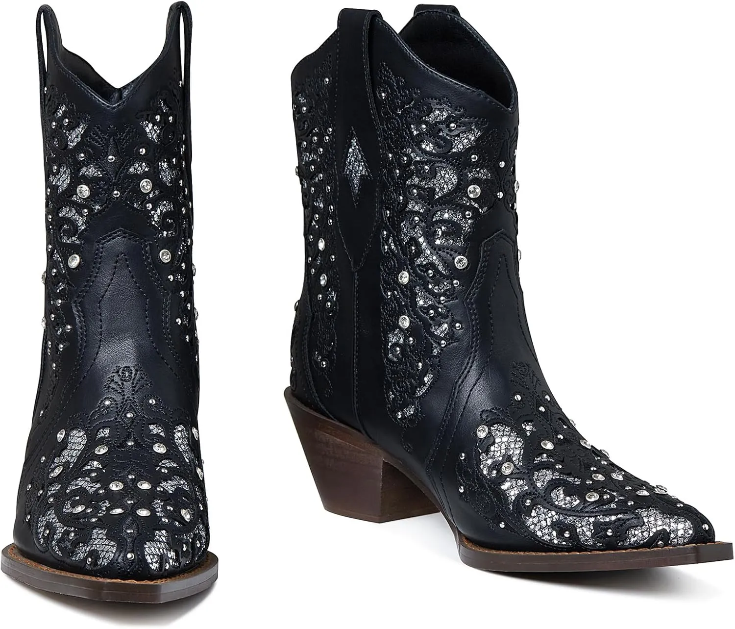 Tscoyuki Inlay Glitter Western Cowboy Boots for Women Sparkly Rhinestone Cowgirl Boots Embroidery Pointed Toe Bridal Wedding Booties
