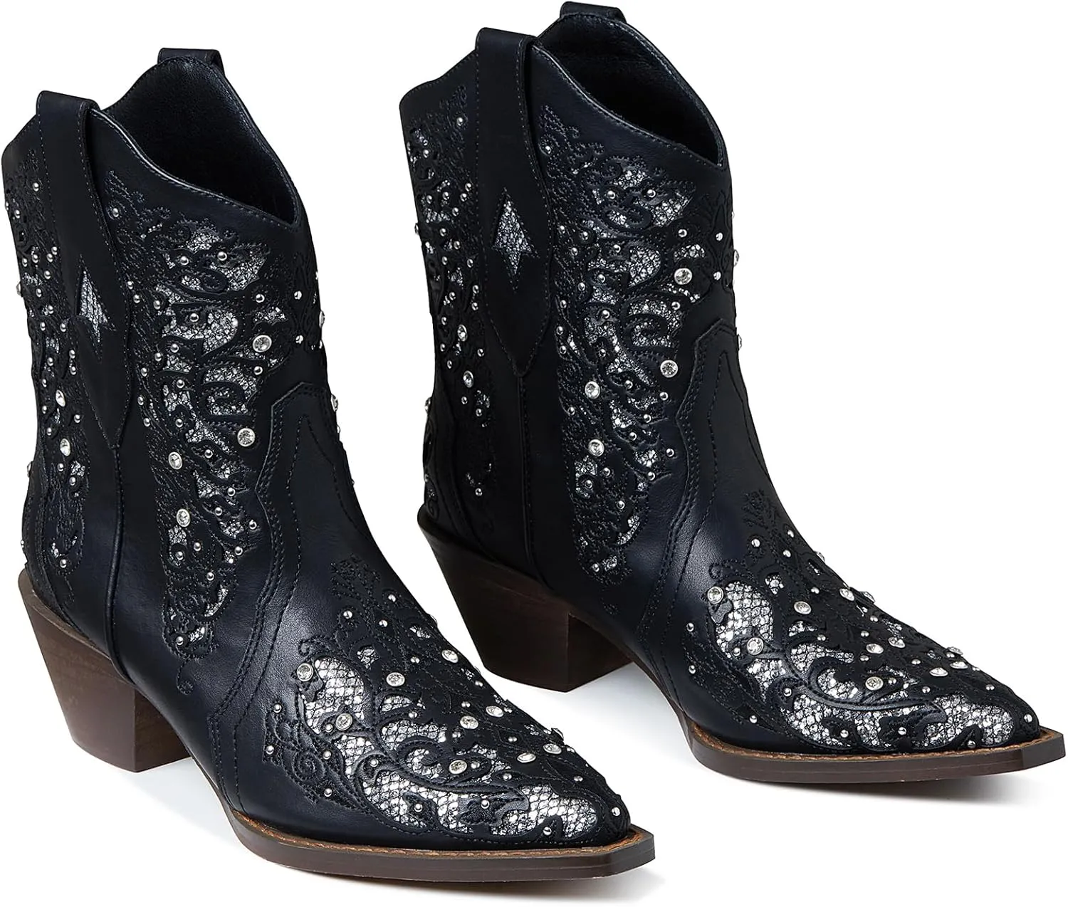 Tscoyuki Inlay Glitter Western Cowboy Boots for Women Sparkly Rhinestone Cowgirl Boots Embroidery Pointed Toe Bridal Wedding Booties