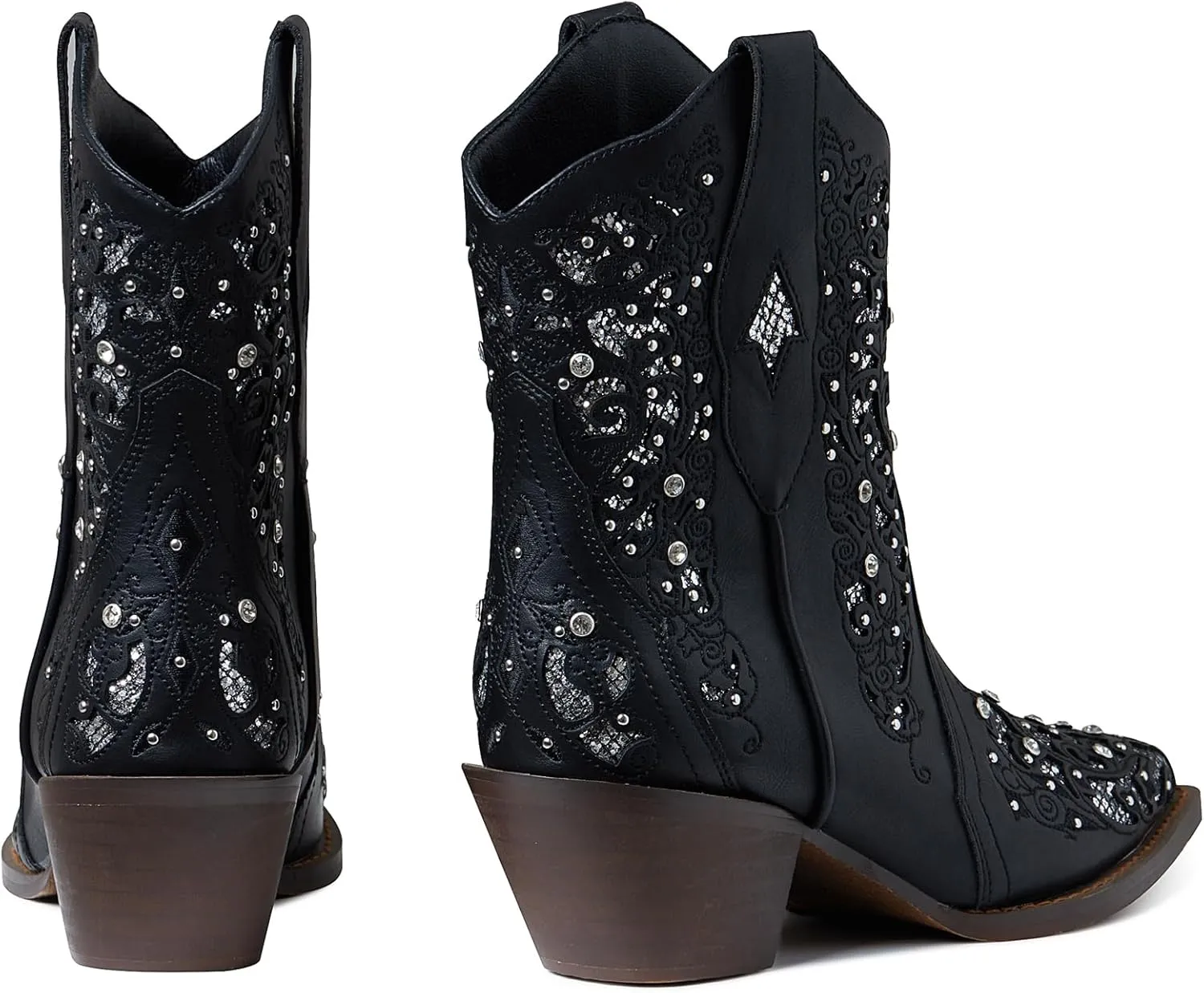 Tscoyuki Inlay Glitter Western Cowboy Boots for Women Sparkly Rhinestone Cowgirl Boots Embroidery Pointed Toe Bridal Wedding Booties