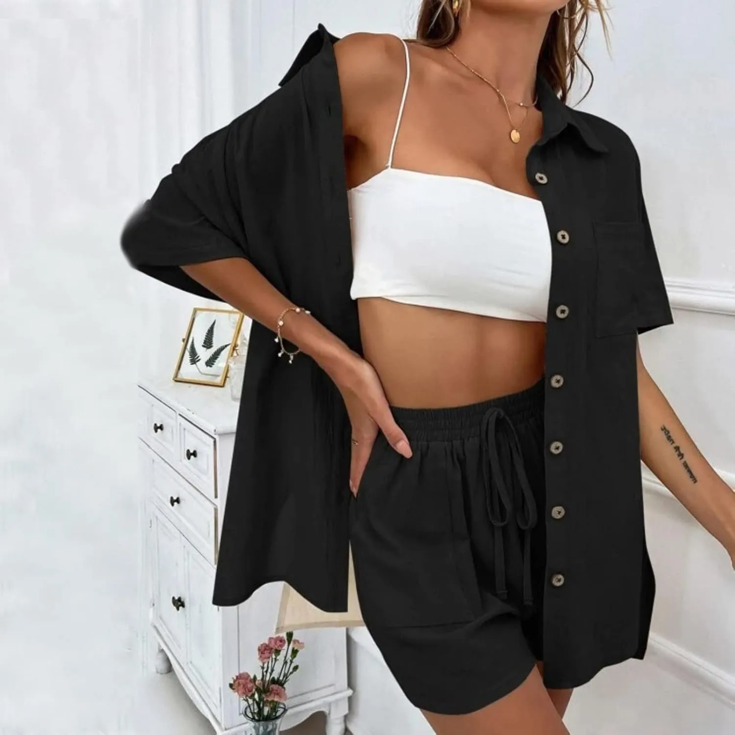 Two Piece Linen Set for Women Short Sleeve Button down Shirt and Shorts Tracksuit Lounge Set Fashion Trendy Clothes