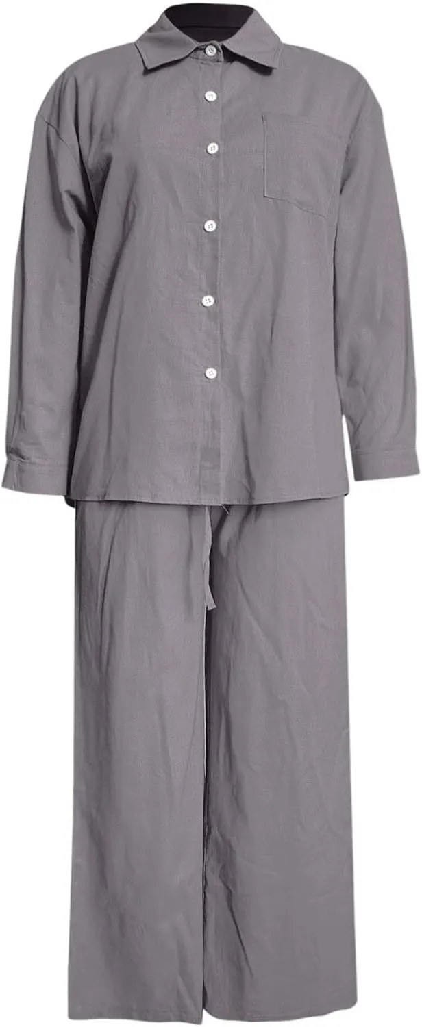 Two Piece Linen Sets for Women Short Sleeve Summer Tops Wide Leg Pants Casual Matching Tracksuits Travel Outfits