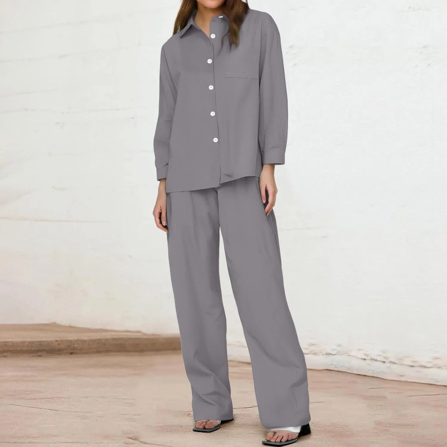 Two Piece Linen Sets for Women Short Sleeve Summer Tops Wide Leg Pants Casual Matching Tracksuits Travel Outfits