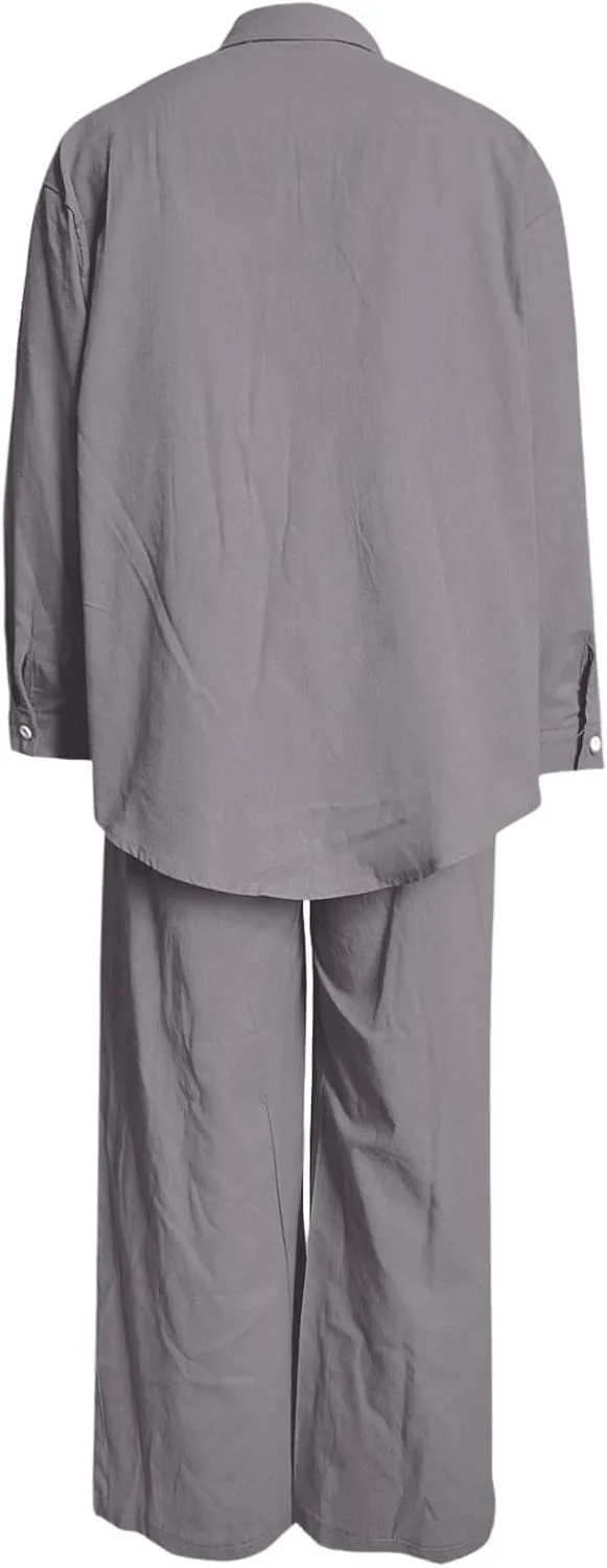 Two Piece Linen Sets for Women Short Sleeve Summer Tops Wide Leg Pants Casual Matching Tracksuits Travel Outfits