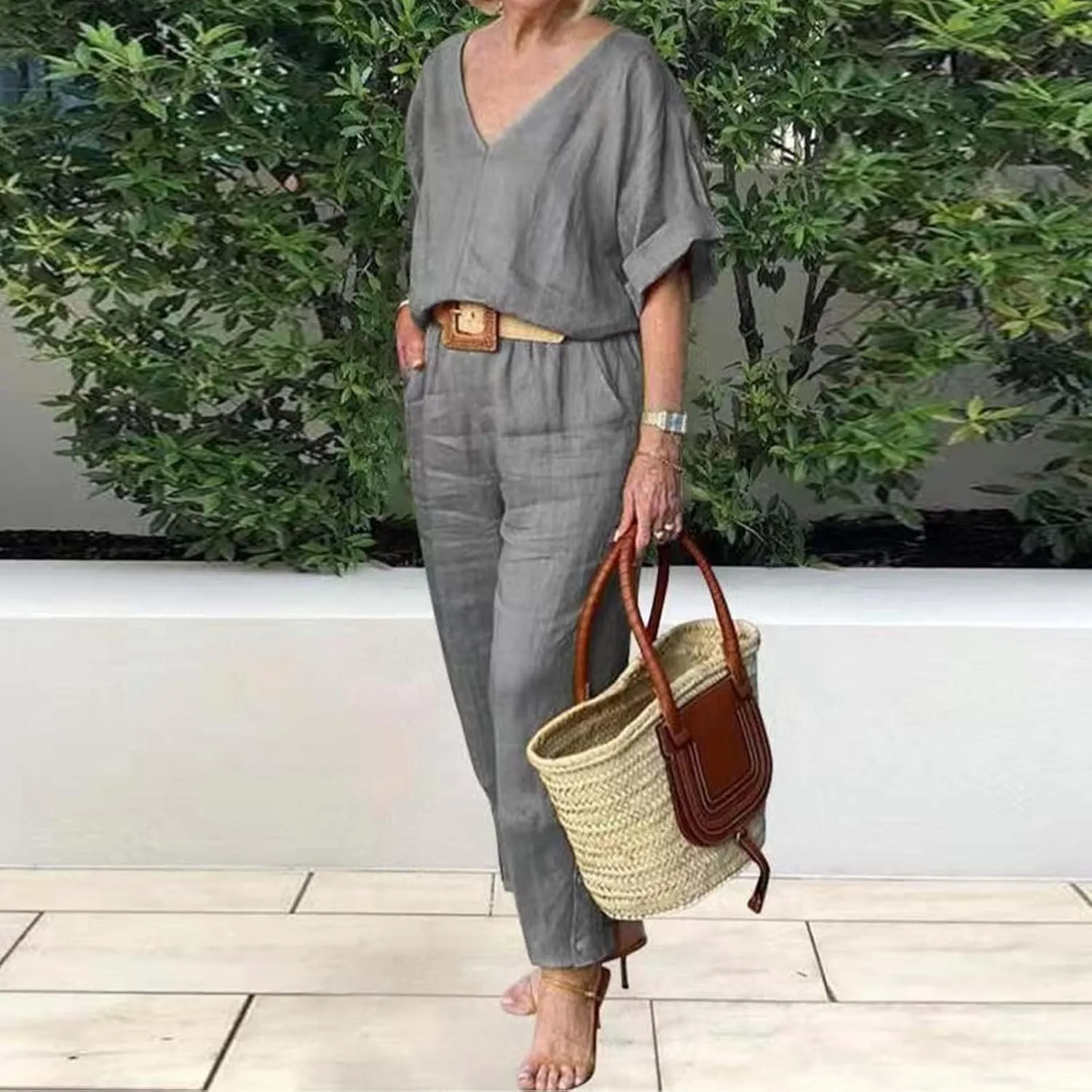 Two Piece Linen Sets for Women Summer Cotton Linen Casual Matching Set Short Sleeve T Shirts and Pants with Pockets