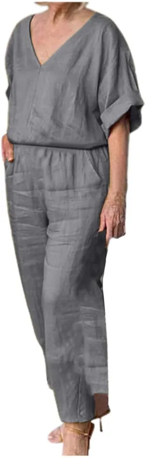 Two Piece Linen Sets for Women Summer Cotton Linen Casual Matching Set Short Sleeve T Shirts and Pants with Pockets
