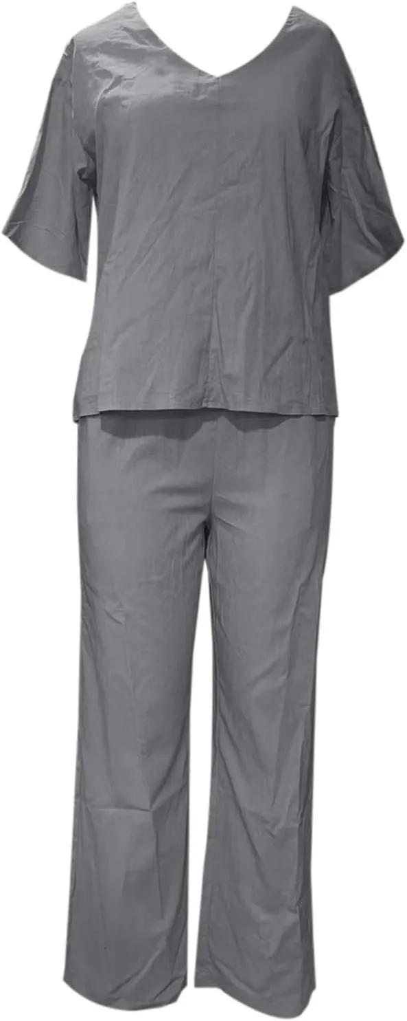 Two Piece Linen Sets for Women Summer Cotton Linen Casual Matching Set Short Sleeve T Shirts and Pants with Pockets
