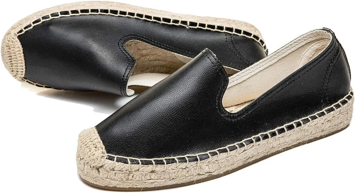 U-lite Women's Round-Toe Classic Flat Cap-Toe Slip ons Simple Espadrilles Leather Loafers