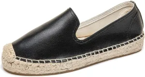 U-lite Women's Round-Toe Classic Flat Cap-Toe Slip ons Simple Espadrilles Leather Loafers
