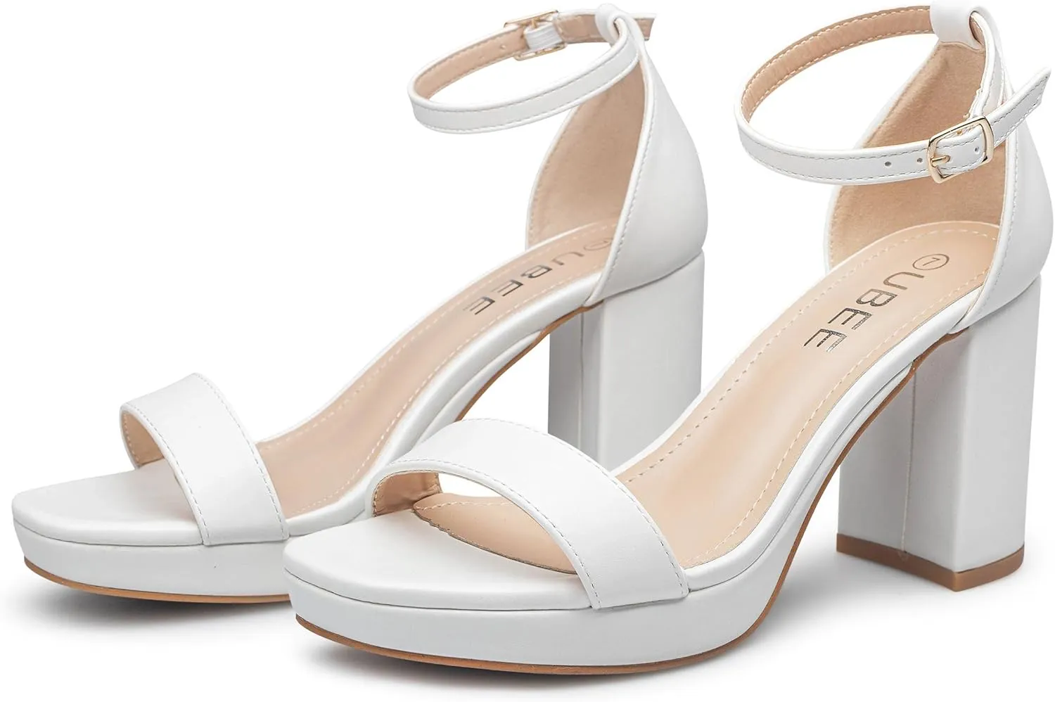 UBEE Nude High Heels Women's open toe ankle strap Thick heel Pump Sandals Party wedding Buckle Sandals