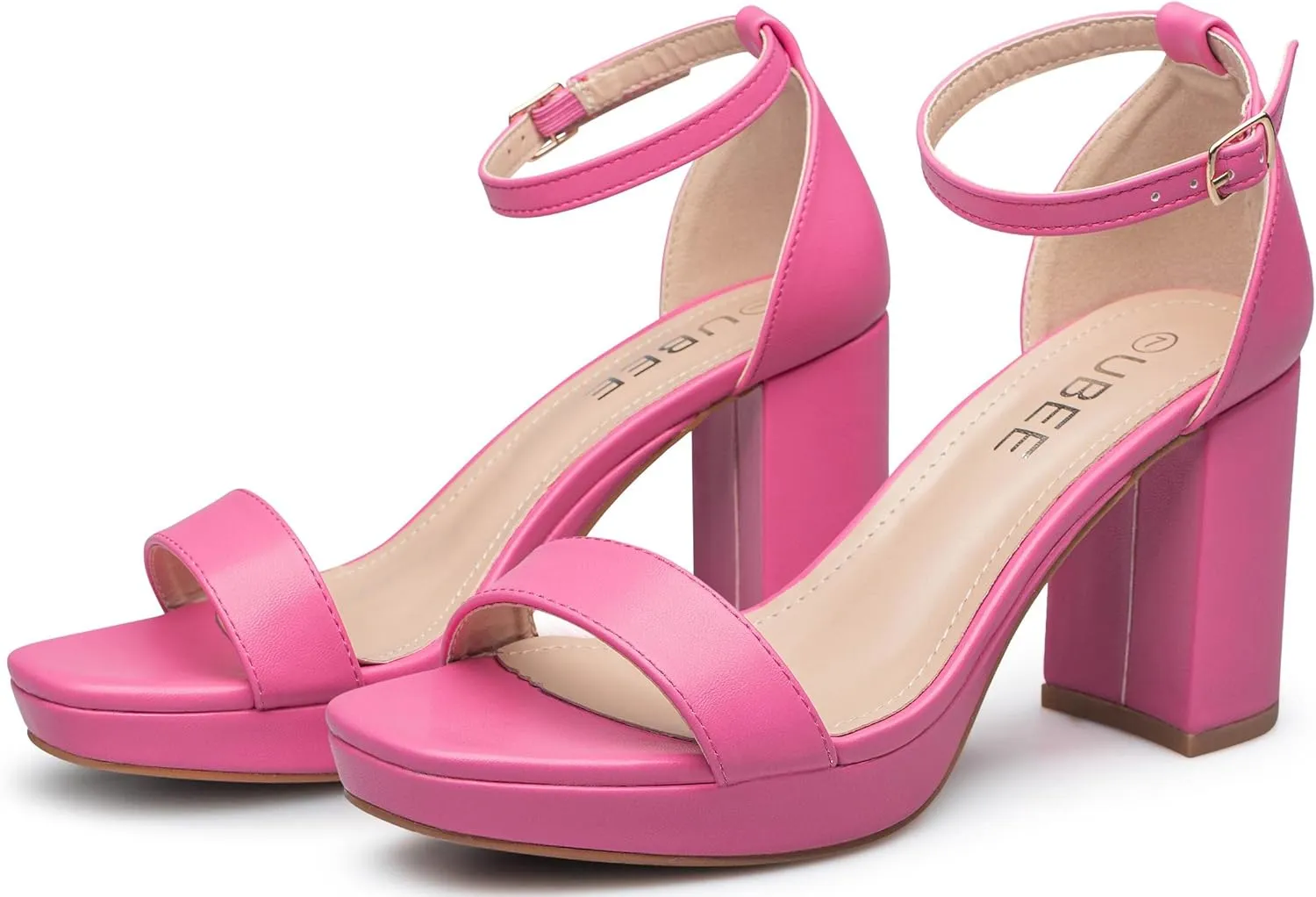UBEE Nude High Heels Women's open toe ankle strap Thick heel Pump Sandals Party wedding Buckle Sandals