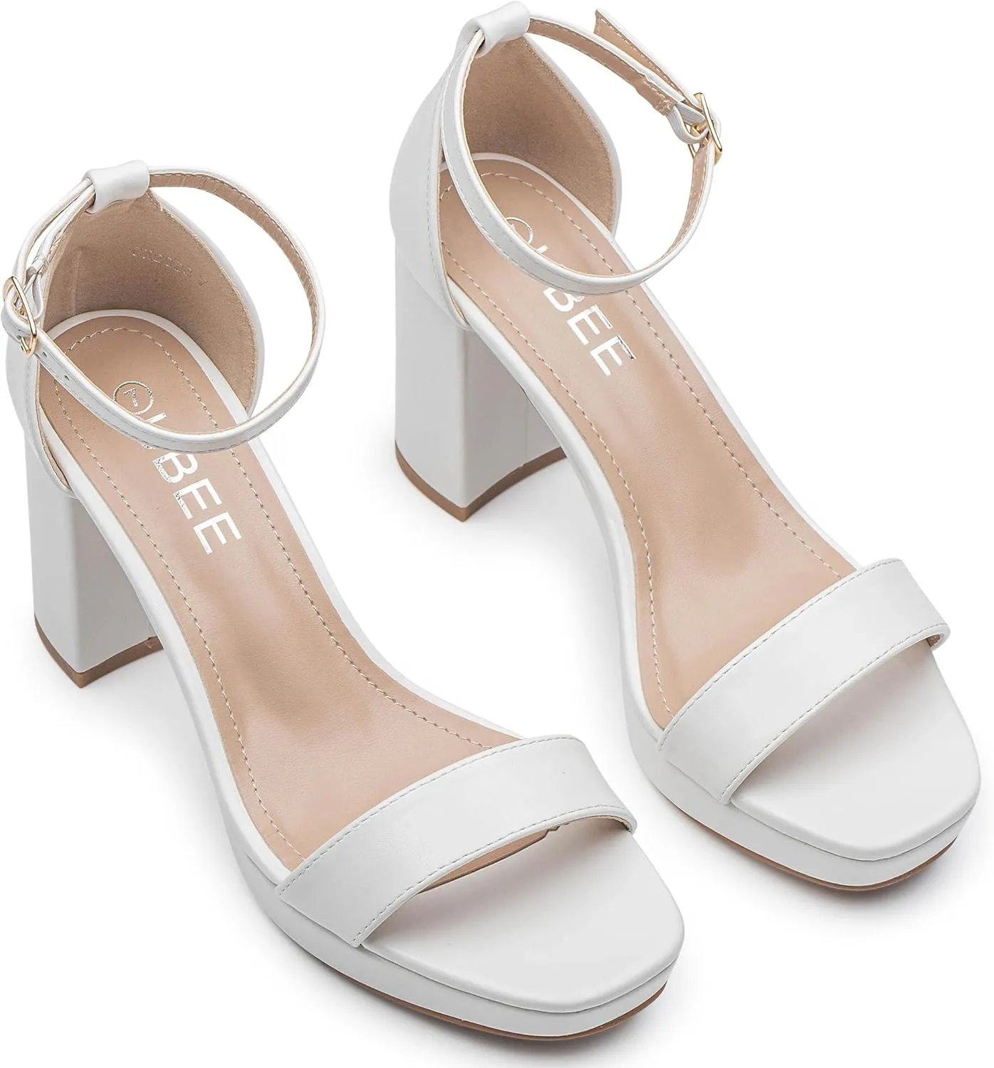 UBEE Nude High Heels Women's open toe ankle strap Thick heel Pump Sandals Party wedding Buckle Sandals