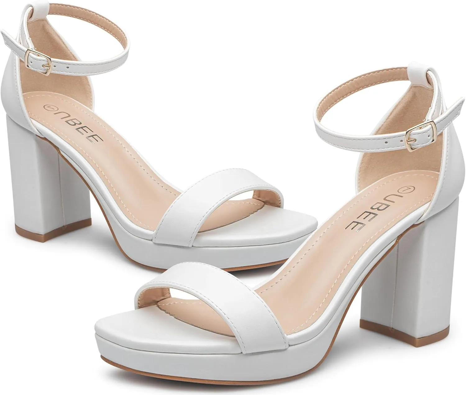 UBEE Nude High Heels Women's open toe ankle strap Thick heel Pump Sandals Party wedding Buckle Sandals