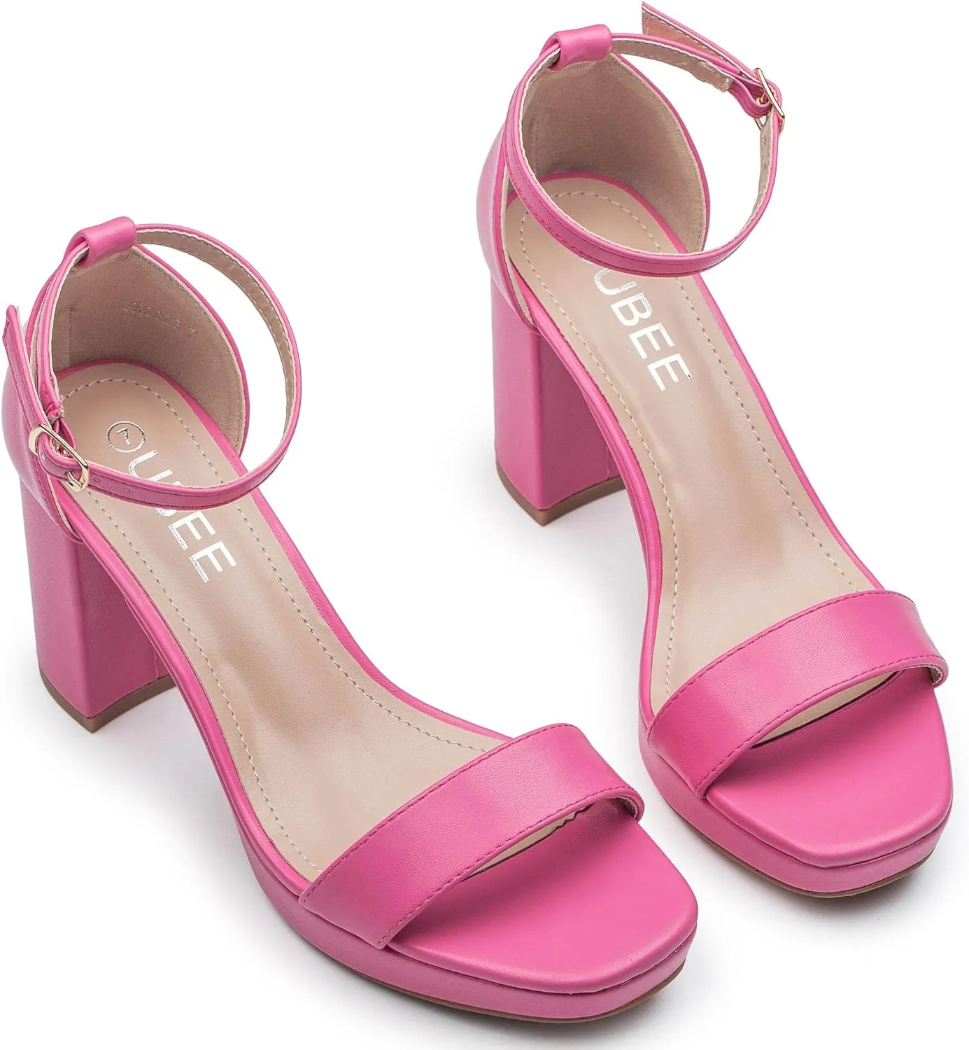 UBEE Nude High Heels Women's open toe ankle strap Thick heel Pump Sandals Party wedding Buckle Sandals